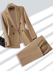 Fashion Ladies Pant Suit Formal Women Office Business Work Wear Blazer And Trouser Beige Black Khaki 2 Piece Set With Pocket 240106