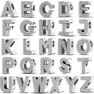 26 A-Z Alphabet Beads Silver Plated Love Letter Charm Fit Original Pan Charms Bangelet Bangle CZ Zircon Bead Jewelry