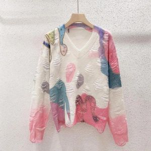 Women's Sweaters Colorful Distressed Design Sweet V-Neck Sweater Women Long Sleeve Knitted Top Rhinestone Beading 2024 Spring Fashion