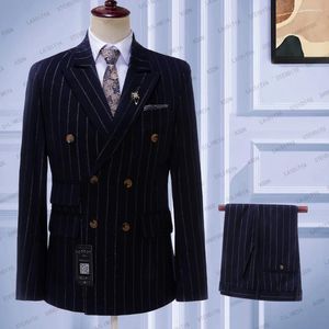 Men's Suits Dark Blue Vertical Stripe Men Double Breasted 2024 Latest Design Groom Wedding Tuxedos Costume Homme 2 Pieces