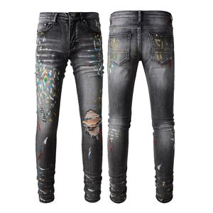 Spring Casual Men Washed Straight Graffiti Splash Pattern Amiryes Hole Jeans Stretch Slim Fit Youth Black