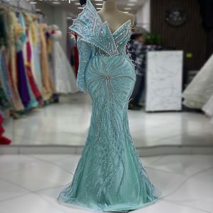 2024 Aso Ebi Небесно-голубое платье русалки для выпускного вечера с кристаллами из бисера на одно плечо Вечерняя вечеринка Второй прием День рождения Обручальные платья Платья Robe De Soiree ZJ416