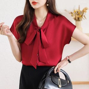 Women's Blouses Women Shirs Loose 2024 Summer Satin Premium Professional Strap Short Sleeve Shirt Top Bow Tie Solid Female Clothing
