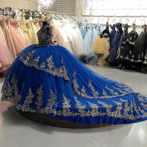 Dresses Royal Blue Quinceanera Dresses Cathedral train Prom Gowns 3D Floral Flower Straps Beaded Corset Back Sweet 15 16 Dress