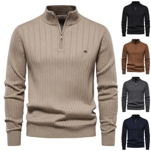 Maglioni da uomo Maglione con zip a quarti Maglione lavorato a maglia a trecce con collo a lupetto, morbido pullover casual con bordo a coste