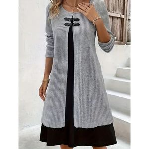 Autumn/Winter New Sweater Fake Two Piece Women's Dress Elegant Temperature Mature Women's Fake Two Piece Knitted Dress Patch Work Dress 240108