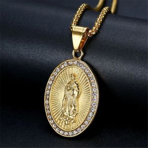 2024 Nyaste 14k Yellow Gold Jungfru Mary Pendant Necklace For Women/Men Golden Color Christian Madonna Halsband Religiösa smycken