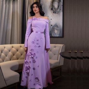 Purple Flower Mermaid Evening Dresses Off The Shoulder Long Sleeve Prom With Detachable Train Satin Special Ocn Dress 326 326