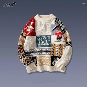 Herrtröjor 2024 Autumn and Winter Fashion Simple Retro Art Round Neck Print Loose Year Christmas Knit Pullover Sweater