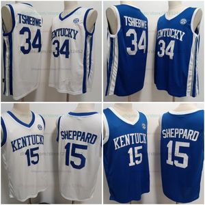 Баскетбольная майка колледжа Kentucky Wildcats 15 Reed Sheppard 34 Oscar Tshiebwe с вышивкой, сине-белая, полностью прошитая