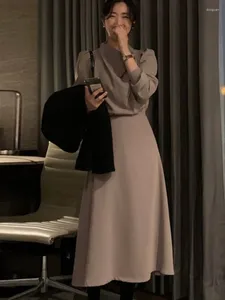 Casual Dresses Korean skjorta klänning för kvinnor långärmad hög krage smal a-line midi elegant dam mode vestidos vår höst