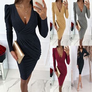 Sexy and Fashionable European and American Sexy V-Neck Bodycon Irregular Short Skirt Sequin Pleated Dress Solid Color Design Suitable for Nightclub parties