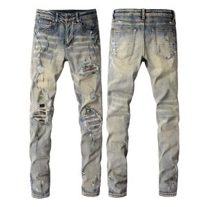 Męskie Designer Pants Purple Jeans Amris High Street Speckled Graffiti Hole Patch Elastic Slim Fit Dżinsy #883