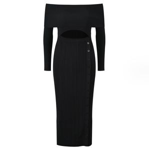 10023 2024 Milan Runway Dress SPring Slash Neck Long Sleeve Mid Calf Black Brand Same Style Womens Dress Fashion High Quality YL