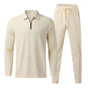 Calças masculinas 2 Pçs / set Calças Top Terno Turn-down Collar Manga Longa Cor Sólida Cintura Elástica Outono Primavera Treino Camisa Calças