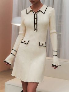 Fırfırlı moda örgü elbise kadınlar 2024 bahar kenarı dantel kontrast uzun kollu yüksek bel kapaklı elbise örme mini elbise 240108