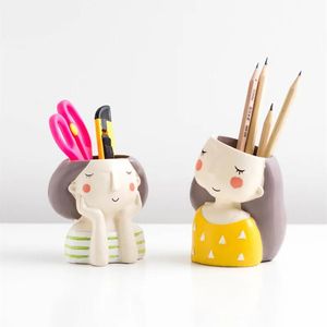 Brushes 1PC Cute Girl Boy Resin Pen Holder Makeup Brush Stand Desktop Storage Box Succulent Planter Garden Mini Bonsai Cactus Flower Pot