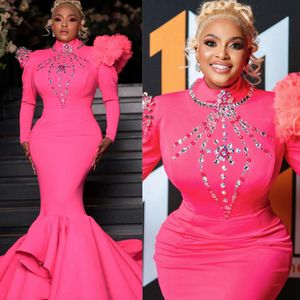 Nigeria African Plus Size Prom Dresses Evening Dresses Elegant Long Sleeves Fuchsia Mermaid High Neck Beaded Birthday Party Gowns Second Reception Gown Gala AM351