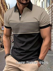 Polos masculinos verão camisa polo vintage listrado cor bloco roupas masculino casual manga curta topos t moda zíper lapela camisa