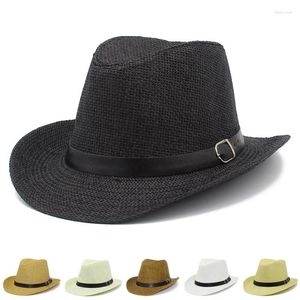 Beralar Straw Hat Men Fedora Şapkaları Deri Kemer Vintage Trilby Caps Yaz Caz Kovboy Sunhat Cap Chapeau Blower