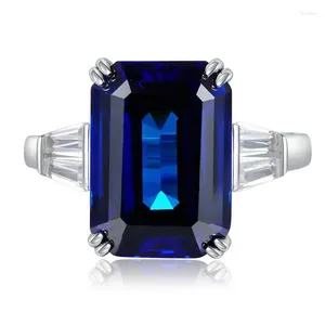 Cluster Rings 2024 S925 Silver Emerald Cut 10 14 Royal Blue Ring for Women in Europe and America