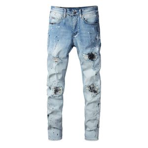 Mens Designer Calças Jeans Roxo Amris 820 Moda Denim Ligeiramente Elástico Algodão Juventude Luz Azul Laca Quebrada Patch Jeans