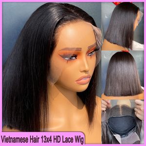 Brezilyalı Peru Vietnamca Çift Çizilmiş 12 inç Doğal Siyah Renk% 100 Ham Virgin Remy İnsan Saç Silky Düz 13x4 HD Dantelli Peruk
