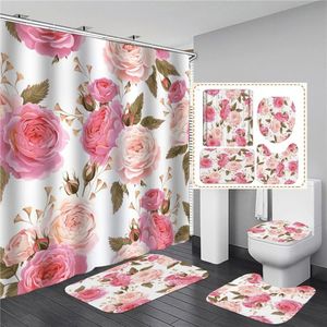 Rosa flores rosa elegante impresso cortina de chuveiro conjunto à prova dwaterproof água mulheres banho banheiro pedestal tapete tampa cortina ducha 240108