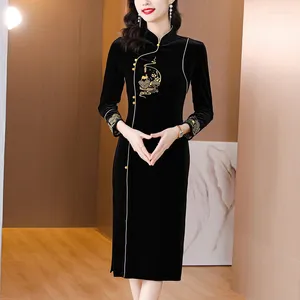 Casual Dresses Female Korean Vintage Luxury Long Dress Autumn Winter Black Velvet Brodery 2024 Elegant BodyCon Evening