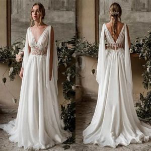 Dresses Sexy Deep V neck See Through Waist Wedding Dress Applique Beaded Flowing Shawl Chiffon Ruched Wedding Dresses Bridal Gowns275V