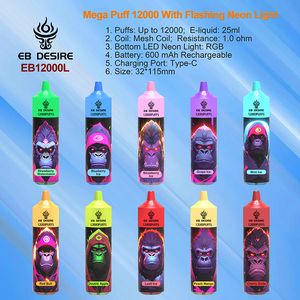 EB Desire poco randm Tomado Bang king 12000 12K puffs EBDESIRE iluminação descartável vape 9000 7K 9k vaper Pod Cartucho 550mAh 23ml Bateria Vapes Pods no armazém da UE