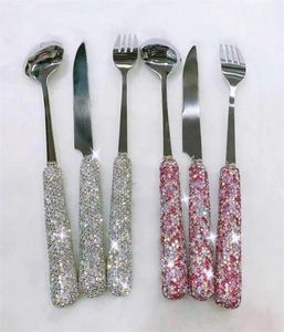 3 -stycken uppsättningar bling strass bestick hushåll biff rostfritt stål diamantkniv gaffel kök kök fest middag bordsvaror 2106125584