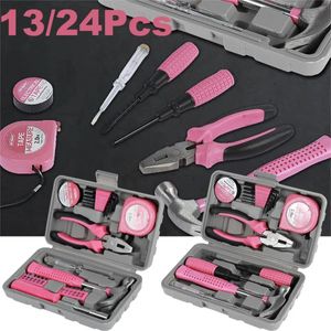 1324Pcs Household Repair Tool Kit MultiPurpose Pink Hand Set with Storage Case Durable Hammer and Allen Key 240108