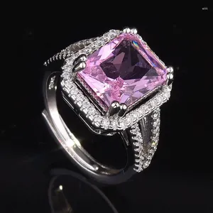 Cluster Rings HOYON S925 Pure Silver Color Amethyst Set Diamond Zircon Women's Ring Fine Wedding Jewelry Gift Anillos 2 Square Gem