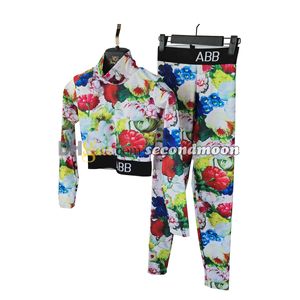 Women Tight Leggings Floral Print Sport Top Long Sleeve Yoga Tee Slim Fit Gym Outfit Letter Webbing Tracksuit