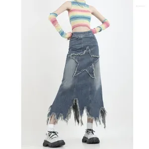 Kjolar kvinnors denim kjol harajuku koreanska 90-talets avslappnade y2k överdimensionerad med stjärnmode vintage a-line jean 2024 2000-tal kläder