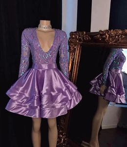 Purple Short Africa Black Girl Prom Dress 2024 Glitter Sequin Top Long Sleeve A-Line Mini Evening Homecoming Dress Födelsedagsklänning