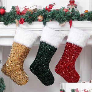 Decorações de Natal Glitter Stocking Gold Lantejoulas Blingbling Branco Veet Cuff Xmas Tree Decor Festival Party Ornament Drop Delivery Dhiyl