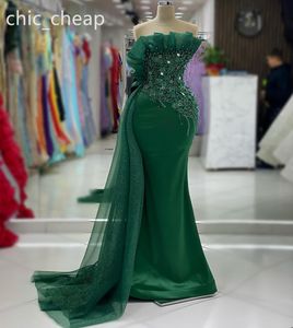 2024 Aso Ebi Dark Green Mermaid Prom Dress Lace Pearls Crystals Evening Formal Party Second Reception Birthday Engagement Gowns Dresses Robe De Soiree ZJ418