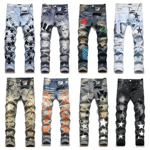 Designer lila jeans män byxor linne byxor hip hop mäns byxor perforerade delade cykel smala fit motorcykel jeans