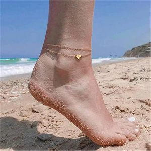 Simple Initial Letter Heart Anklet for Women Golden Color 14k Yellow Gold Foot Leg Chain Ankle Bracelet Woman Beach Jewelry 2024