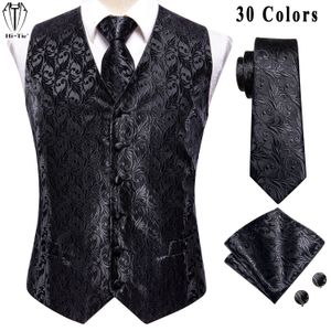 Gilet da uomo in seta jacquard di design Hi-Tie Gilet senza maniche Gilet floreale nero puro Cravatta con gemelli Hanky Set per uomo 240108