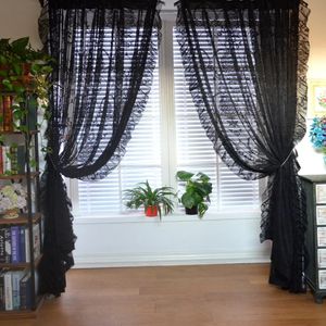 Черный тюль с рюшами и кружевом с цветочным принтом, винтажная прозрачная занавеска из вуали для спальни, романтический цветок, фильтрующий свет, оконные шторы на заказ 240106