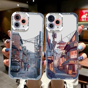 Mobiltelefonfodral japanska anime scenlandskap klart fall för iPhone 11 12 13 14 15 Pro Max 7 8 Plus X XR XS SE 2020 2022 Soft TPU Back Coverl240105