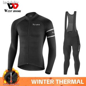 Cykeltröja sätter West Cykling Winter Fleece Cycling Set Long Sleeve Jerseys Bib Pants Suits Bicycle Uniform Outfit With Pocket Thermal Sport Gearl240108