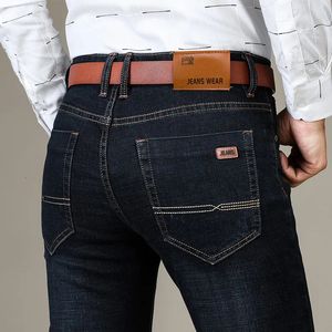 Calças de brim dos homens de negócios casual estiramento reto moda clássico azul preto trabalho denim calças masculinas roupas marca 240108