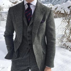 Jaquetas masculinas de lã cinza tweed, ternos para casamento de inverno, smoking formal, 3 peças, espinha de peixe, conjunto de moda masculina, jaqueta, colete com calças