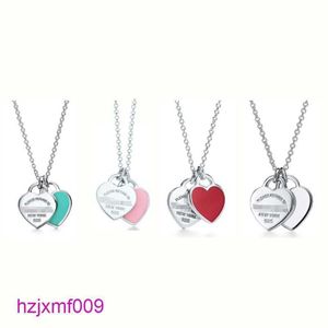 B1o0 Designer Tiffanyset Pendant Necklaces Fashion t Home S925 Silver Blue Dropped Enamel Heart Shaped Pendant Necklace Tie Home Light Luxury Double Heart Loc