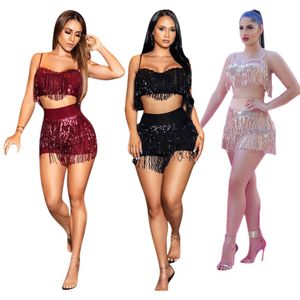 Mulheres Tracksuits Lantejoulas Tassel Sexy 2 Peça Define Mulheres Outfits Night Club Wear Party Lace Up V Neck Crop Top e Mini Saia Set Matching