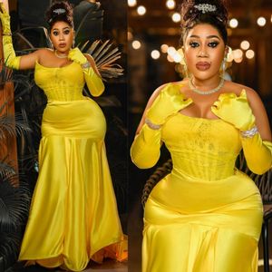 Yellow Elastic Satin Prom Dresses Mermaid Lace Scoop Evening Dresses for African Nigeria Balck Women Birthday Party Dress Graduaton Party Vestido De Gala ST769